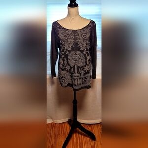 LUCKY BRAND 3/4 SLEEVE SCOOP NECK EMBROIDERED TOP SZ LG BLACK